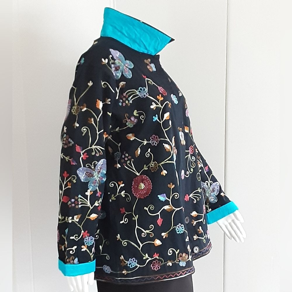 QUACKER FACTORY Embroidered Beaded Butterfly Floral Jacket Sz M - Vtg 90's - Picture 2 of 10